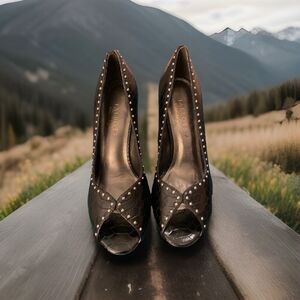 $149 TALBOTS Black Silver Studded Leather OPEN TOE Pumps Heels Shoes "Priya" 7.5